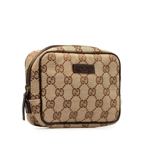 Gucci GG Canvas Beige Leather 106647 Pouch Size 5.5 inch 